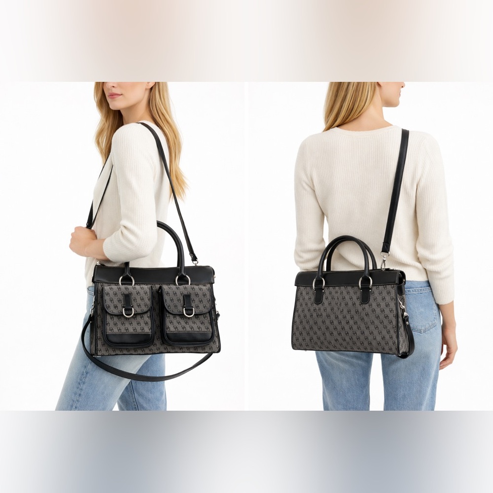 VTG Dooney & Bourke Canvas Double Pocket Satchel Gray DB Monogram Crossbody
